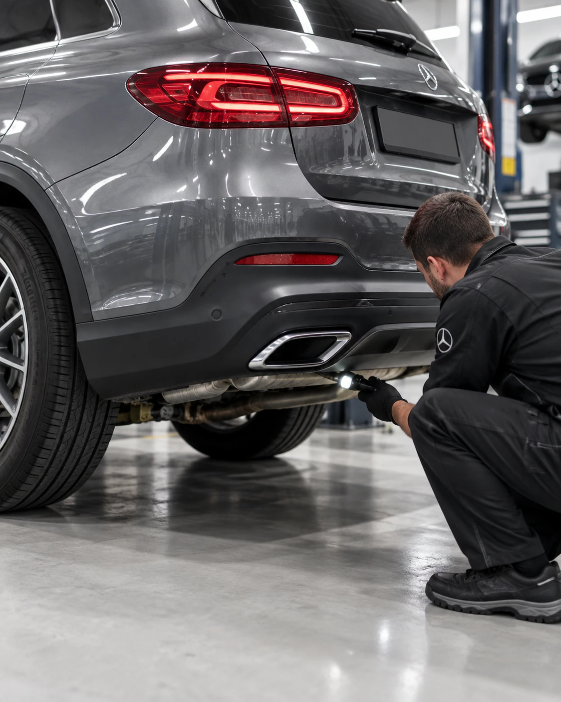 Мастер осматривает Mercedes перед покупкой
